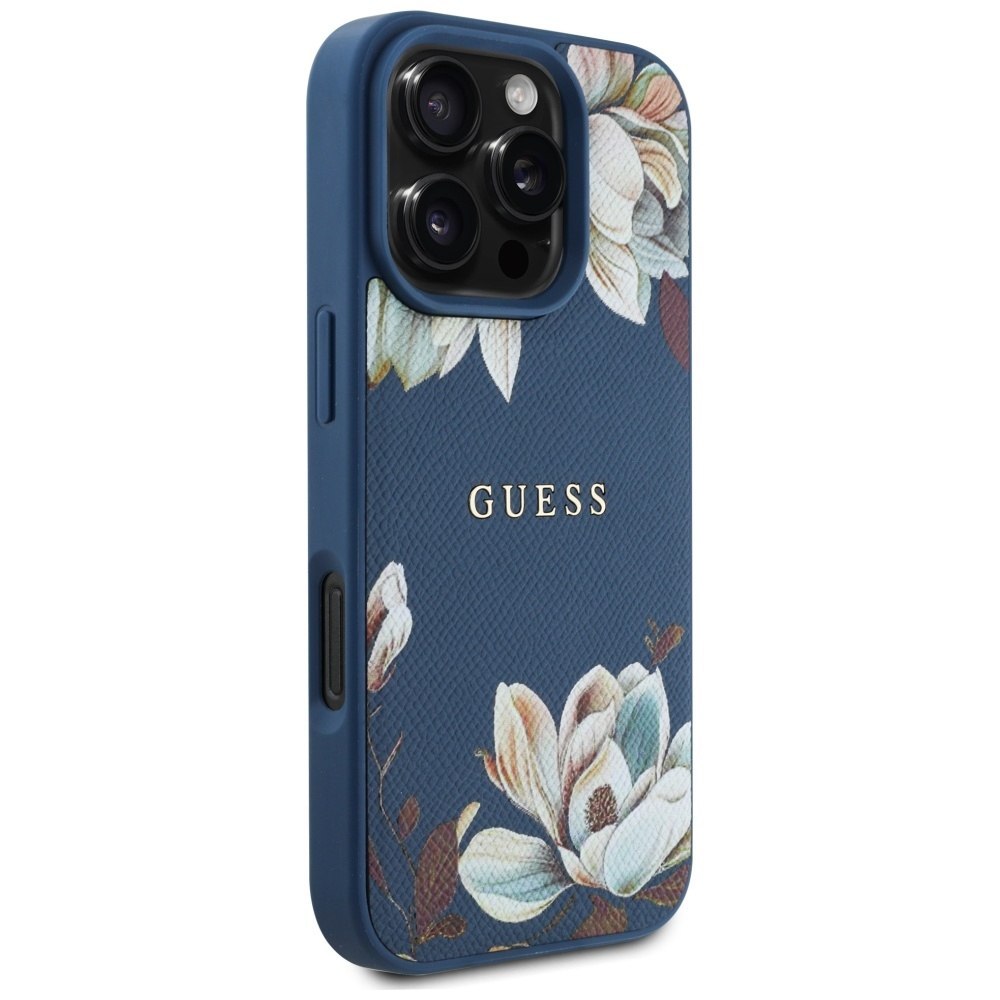 Etui Guess Grained Printed Flower Pattern MagSafe do iPhone 16 Pro niebiesk